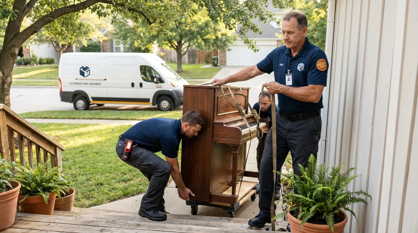 Licensed piano movers securing grand piano in Okeechobee, FL