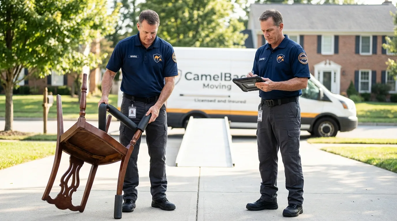 Movers inspecting furniture for damage prevention before loading in Okeechobee, FL