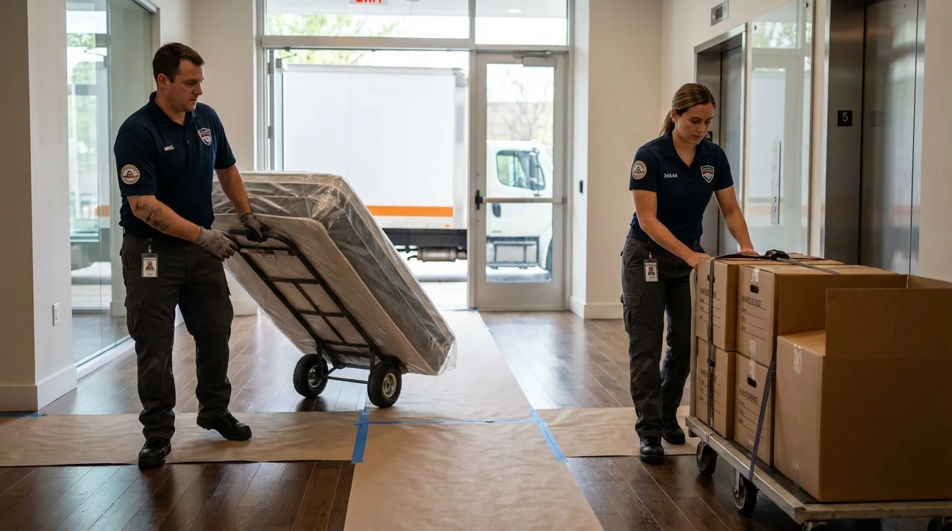 Professional apartment movers loading elevator in Okeechobee, FL